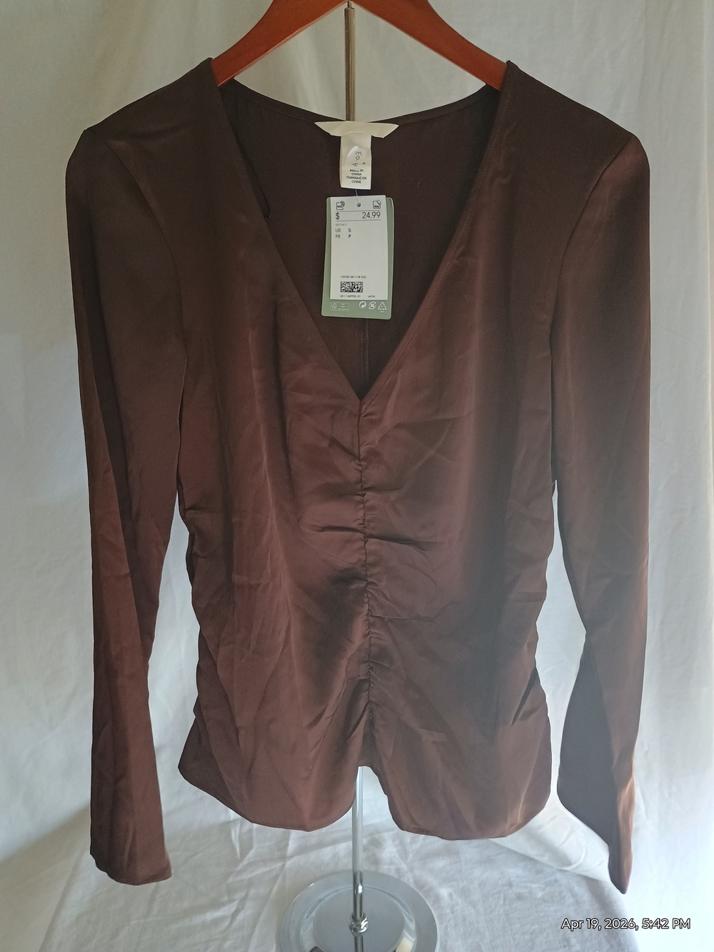 H&M Chocolate Brown V-Neck Ruched Front Long Sleeve Top
